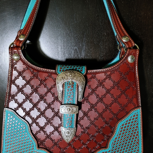 SILVERTIP Hobo Satchel Tooled Leather Saddle Brown and Turquoise Blue and Silver - Picture 6 of 12